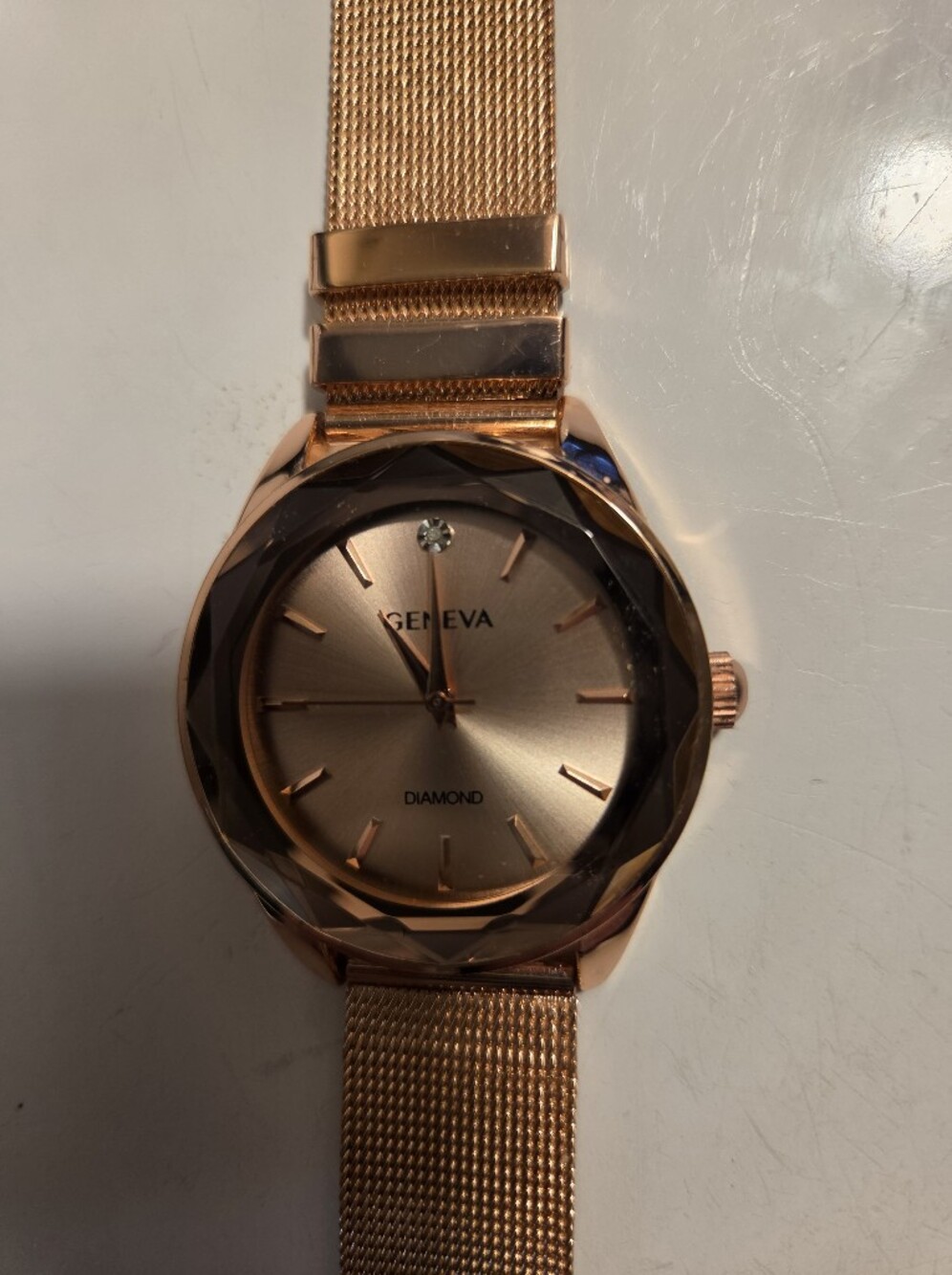 Geneva Rose Gold Mesh Band Watch with Faceted Bezel
